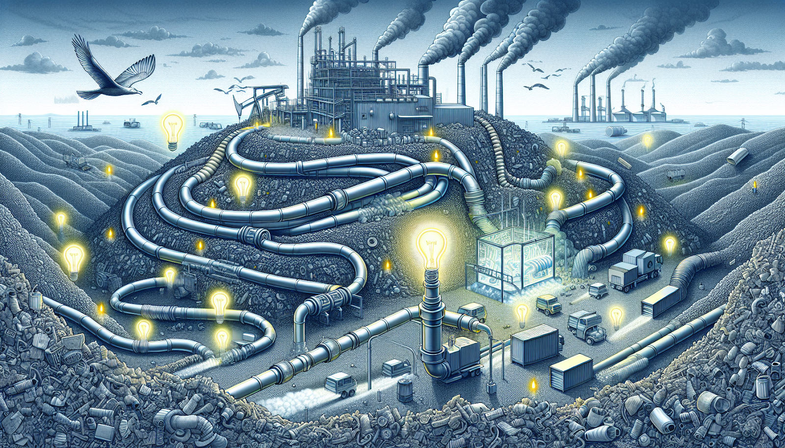 Illustration of methane gas recovery process in landfills