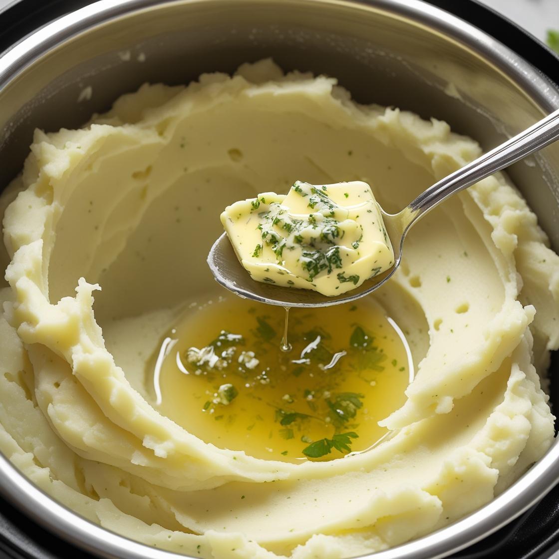 Close-up of mashed potatoes garnished with fresh parsley and black pepper