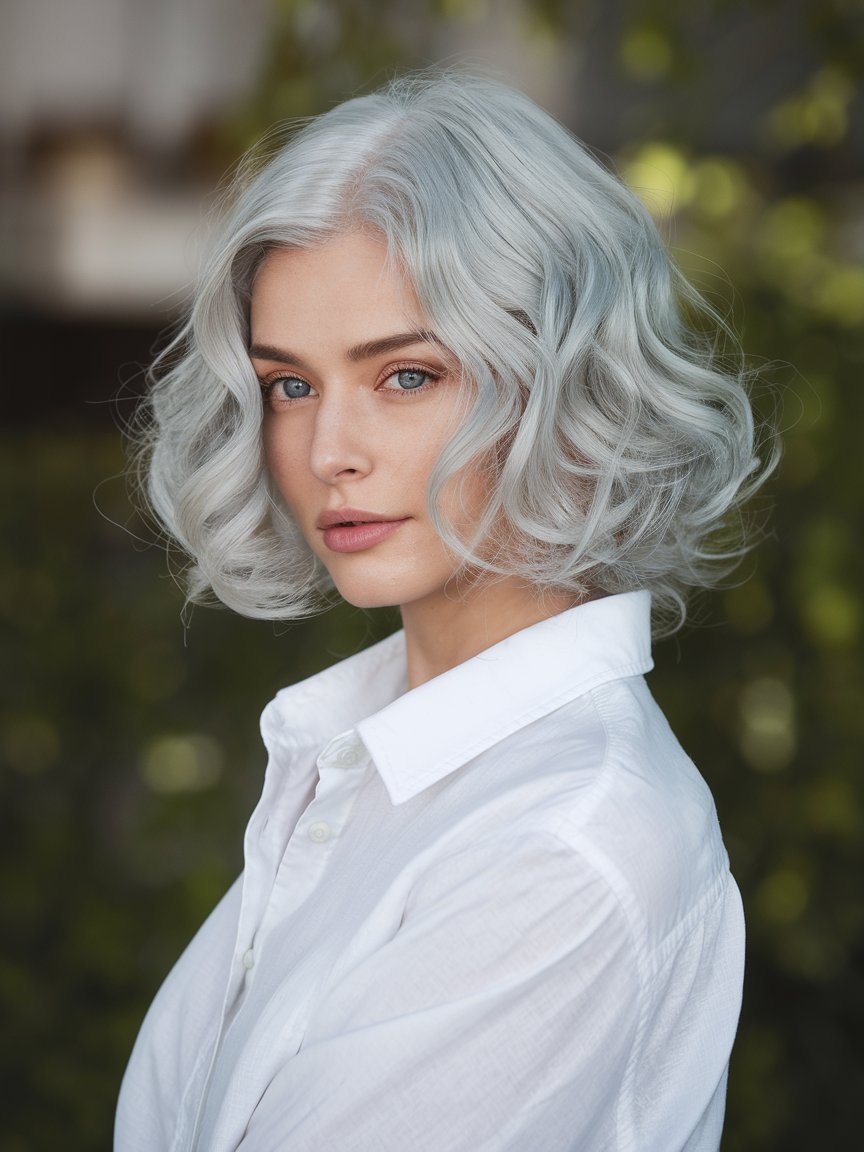 12. Silver Curled Long Bob