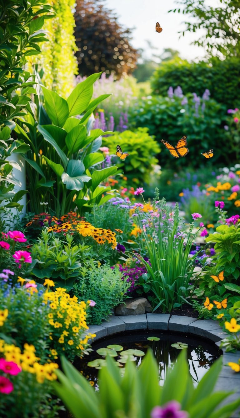 A lush garden filled with vibrant flowers and plants, with butterflies fluttering around and a small pond in the corner