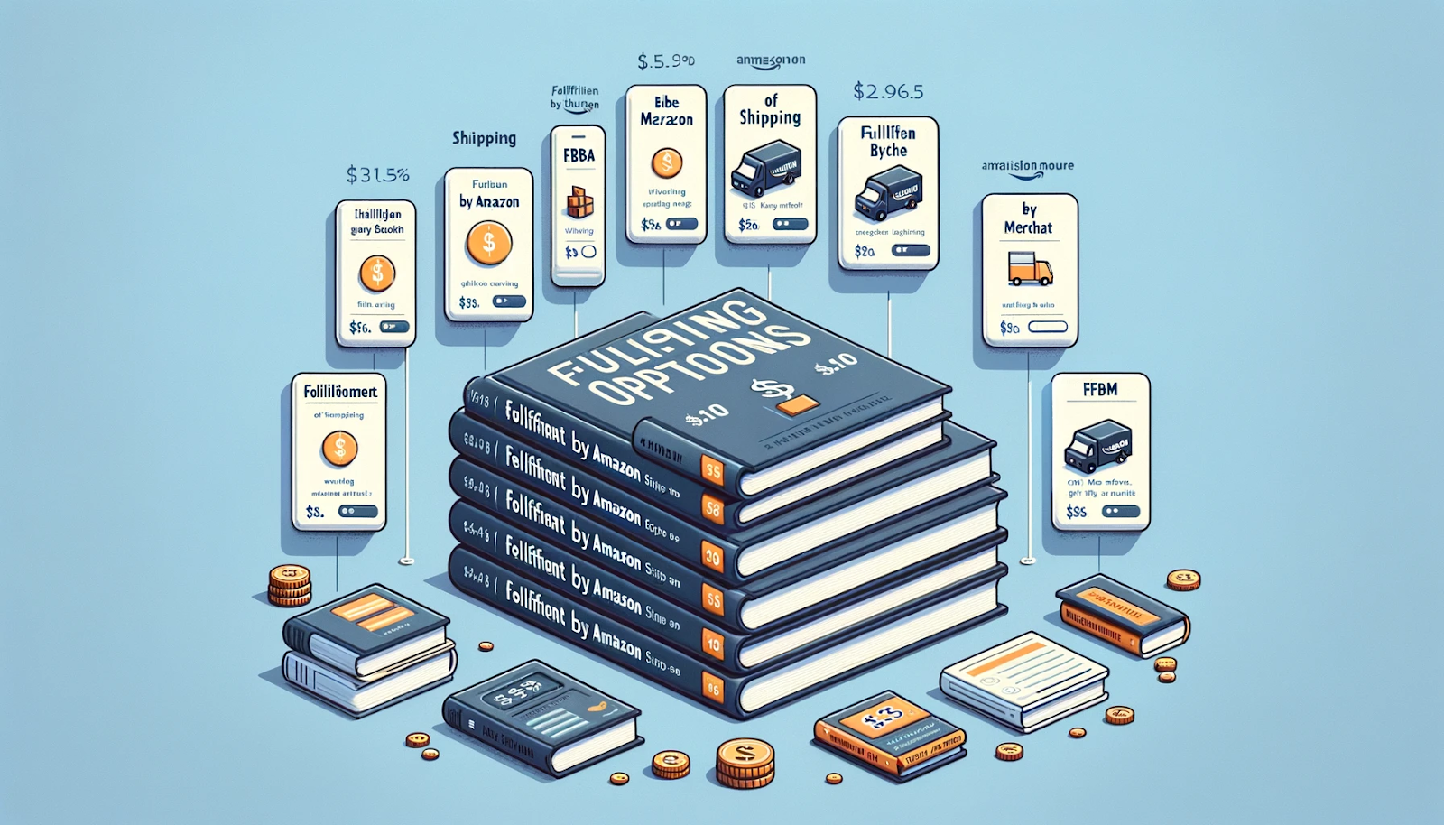 A detailed digital illustration depicting various Amazon fulfillment options in a visually engaging infographic style. At the center, a stack of books labeled 'FULFILLING OPTIONS' represents different fulfillment methods. Floating labels and price tags display options such as 'Fulfillment by Amazon (FBA),' 'Fulfillment by Merchant (FBM),' and associated shipping costs, fees, and percentages. Smaller books, documents, coins, and packages are scattered around the scene, emphasizing the financial and logistical aspects of selling on Amazon.