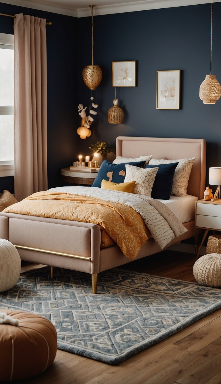 A luxurious kids' bedroom featuring the DwellStudio for Target Fable Bed 23. Rich colors, plush bedding, and elegant decor create a sophisticated yet playful atmosphere