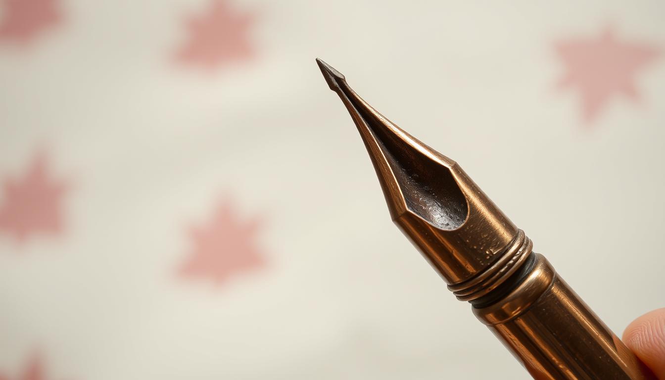 A close-up, highly detailed photograph of a traditional Javanese canting tool used for batik wax application. The canting is held in the center of the frame, with a sharp, precise focus on its intricate copper body and fine tip. The tool is highlighted against a soft, diffused background, gently illuminated from above to showcase its delicate craftsmanship and worn patina. The image conveys the artisanal nature of batik-making, emphasizing the skilled, handcrafted techniques required to create this iconic Malaysian textile art.