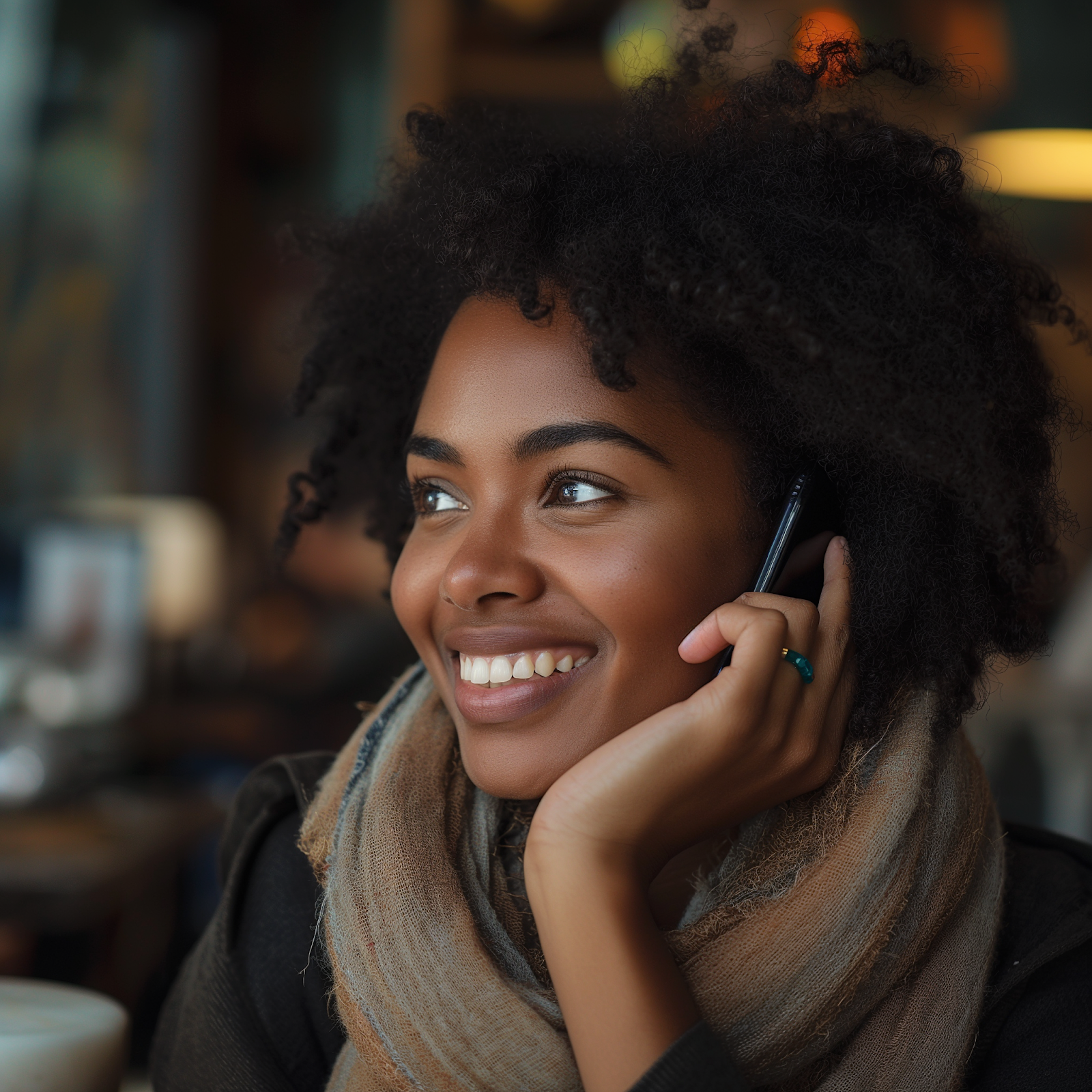 A smiling woman on a phone call | Source: Midjourney