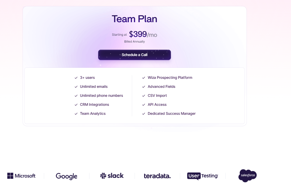 team plan pricing for wiza b2b lead generation tool