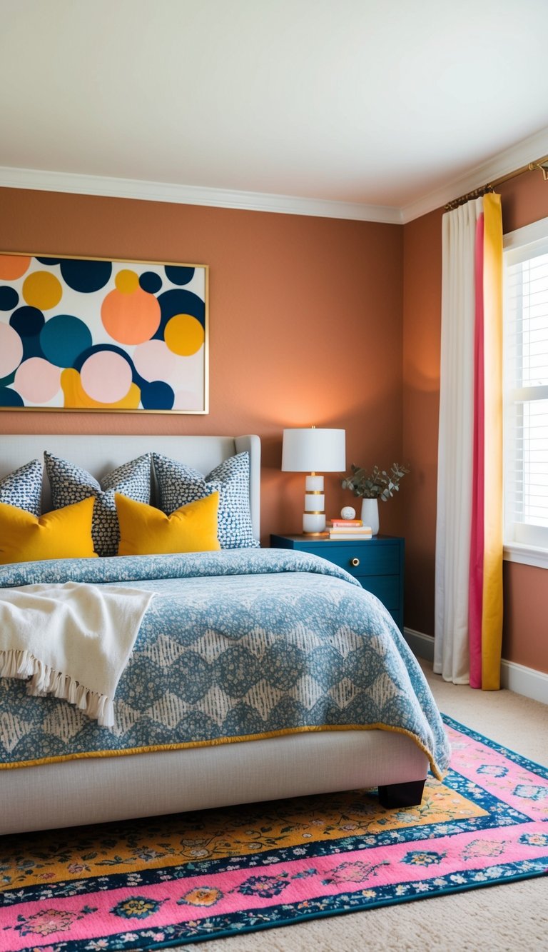 A bold accent rug anchors a cozy guest bedroom with pops of color and pattern