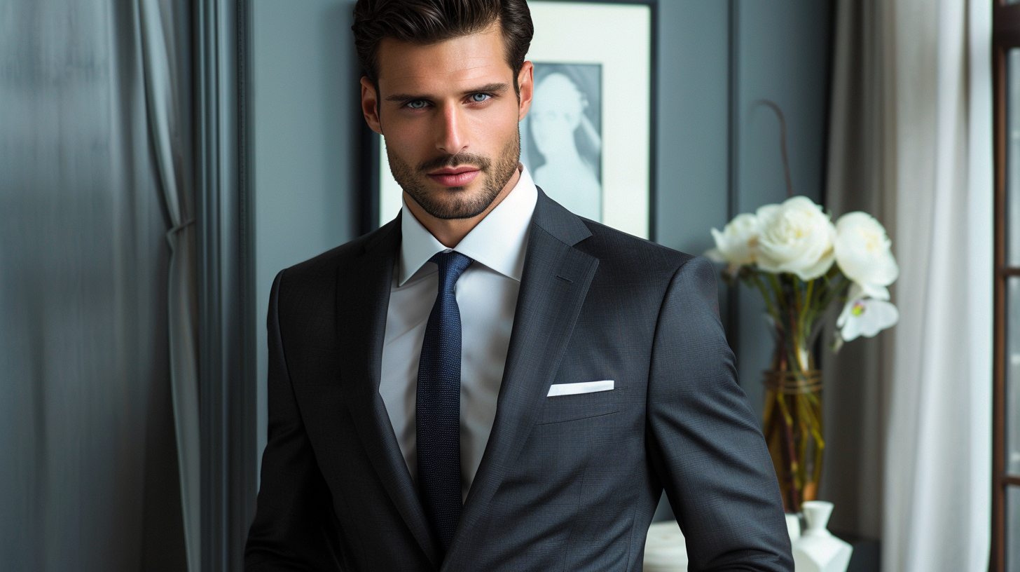 Man wearing a modern fit suit that blends slim and classic proportions, clean lines with comfort, great for weddings or business-casual events, indoor or studio background.