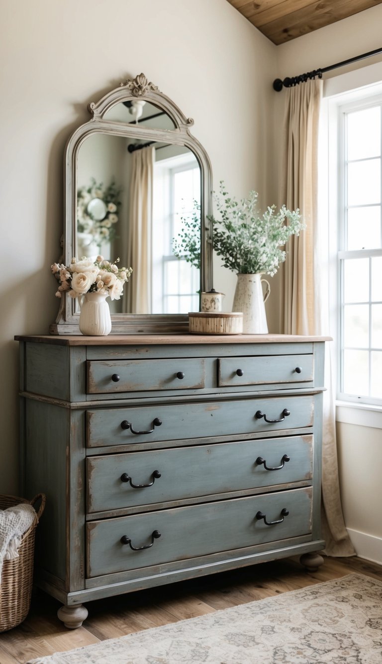 A distressed dresser sits in a cozy farmhouse bedroom, surrounded by rustic decor and soft, neutral colors