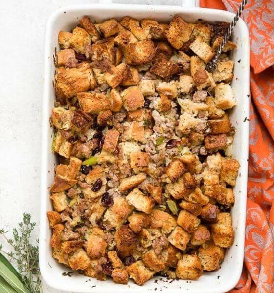 Stuffing in white baking dish for the holidays