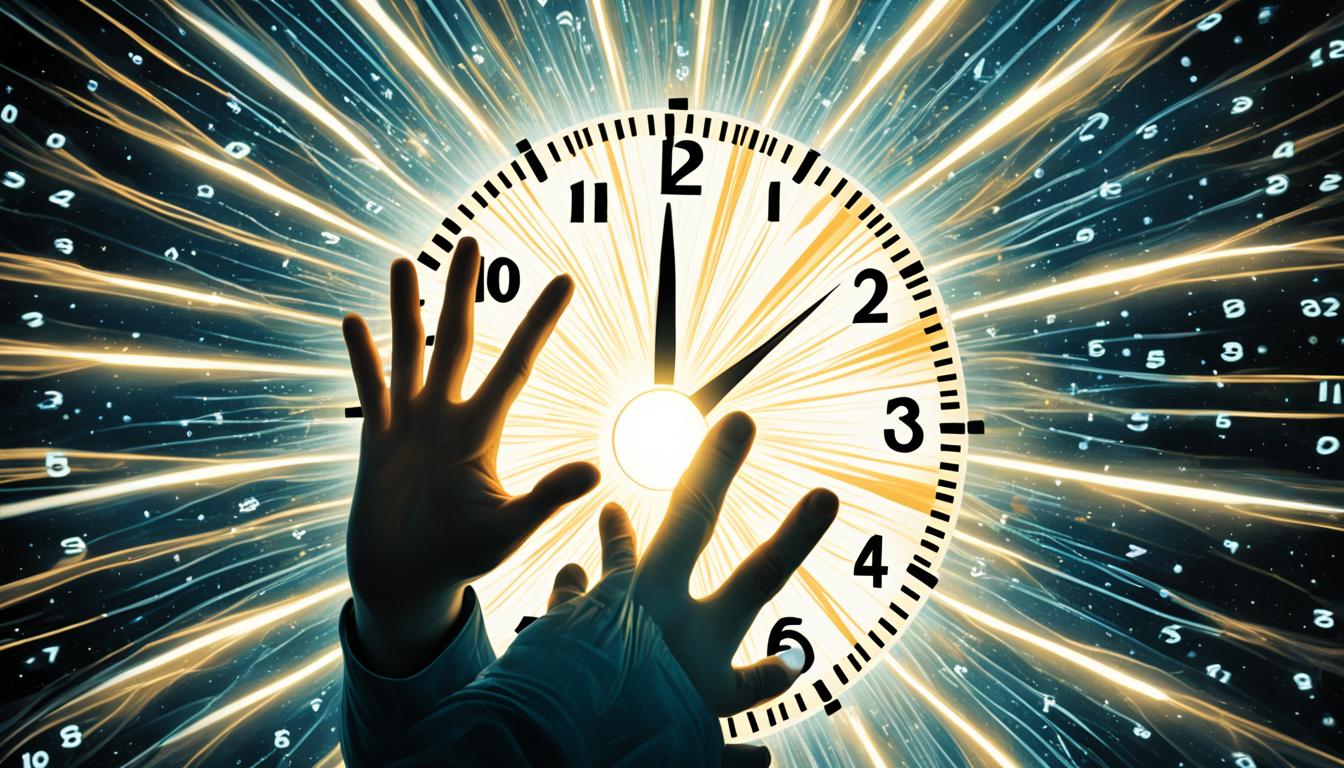 A clock face with hands pointing to the numbers 3, 6, and 9. On one side, a person is frantically trying to force the hands to move faster. On the other side, a person is calmly waiting for the hands to align with the numbers. In the background, a burst of light symbolizes the universe's support of divine timing.