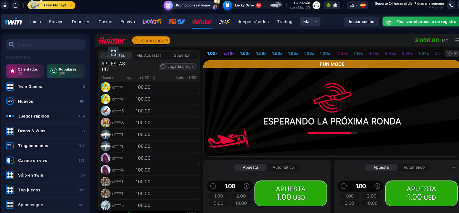 Interfaz del juego Aviator en 1Win con apuestas en curso y esperando la próxima ronda.