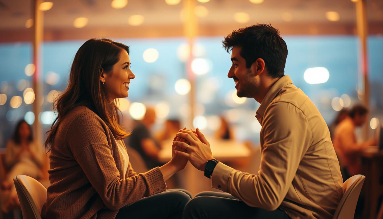 An image of two people sitting face-to-face, hands gently clasped, with expressions of trust and understanding. The room around them is bathed in warm light, symbolizing the comfort and openness that they share. In the background, a soft blur of city lights suggests that they are in a public place, but their focus is solely on each other. The atmosphere is peaceful and calm, communicating the idea that honest communication can nurture intimacy and connection.