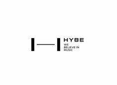 This contain: the logo for hybe we believe in music is black and white, against a light background