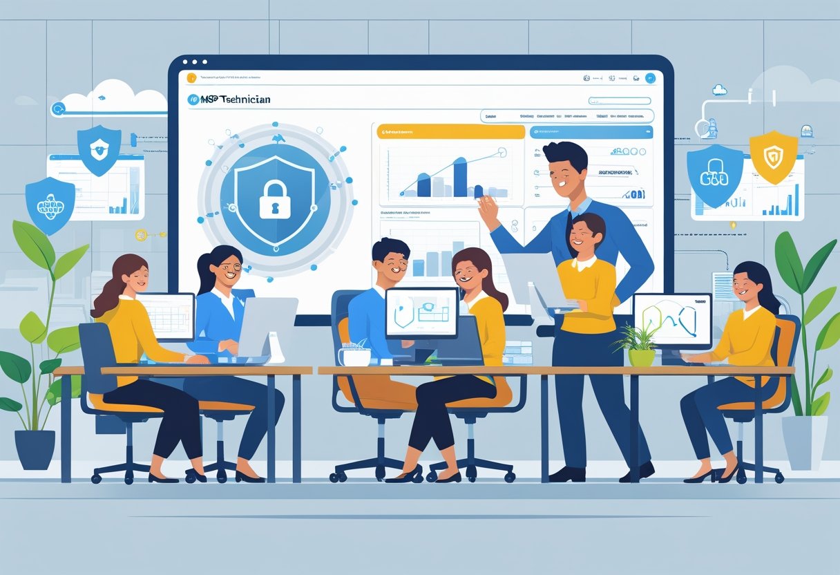 Employees working efficiently at desks with a technician providing remote IT support through a digital interface in a modern office setting.