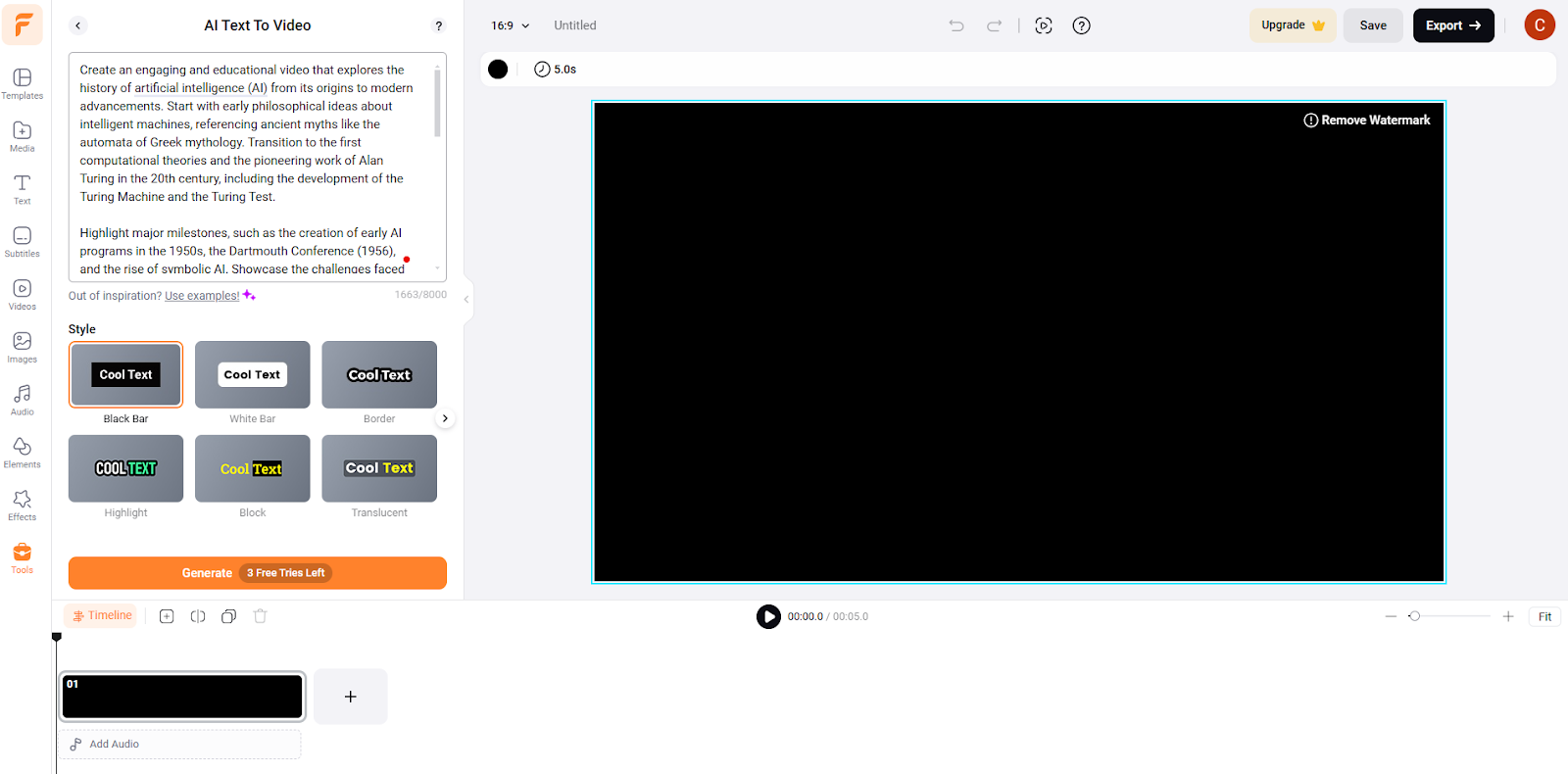 FlexClip AI prompt text field for entering instructions to generate a video effortlessly.