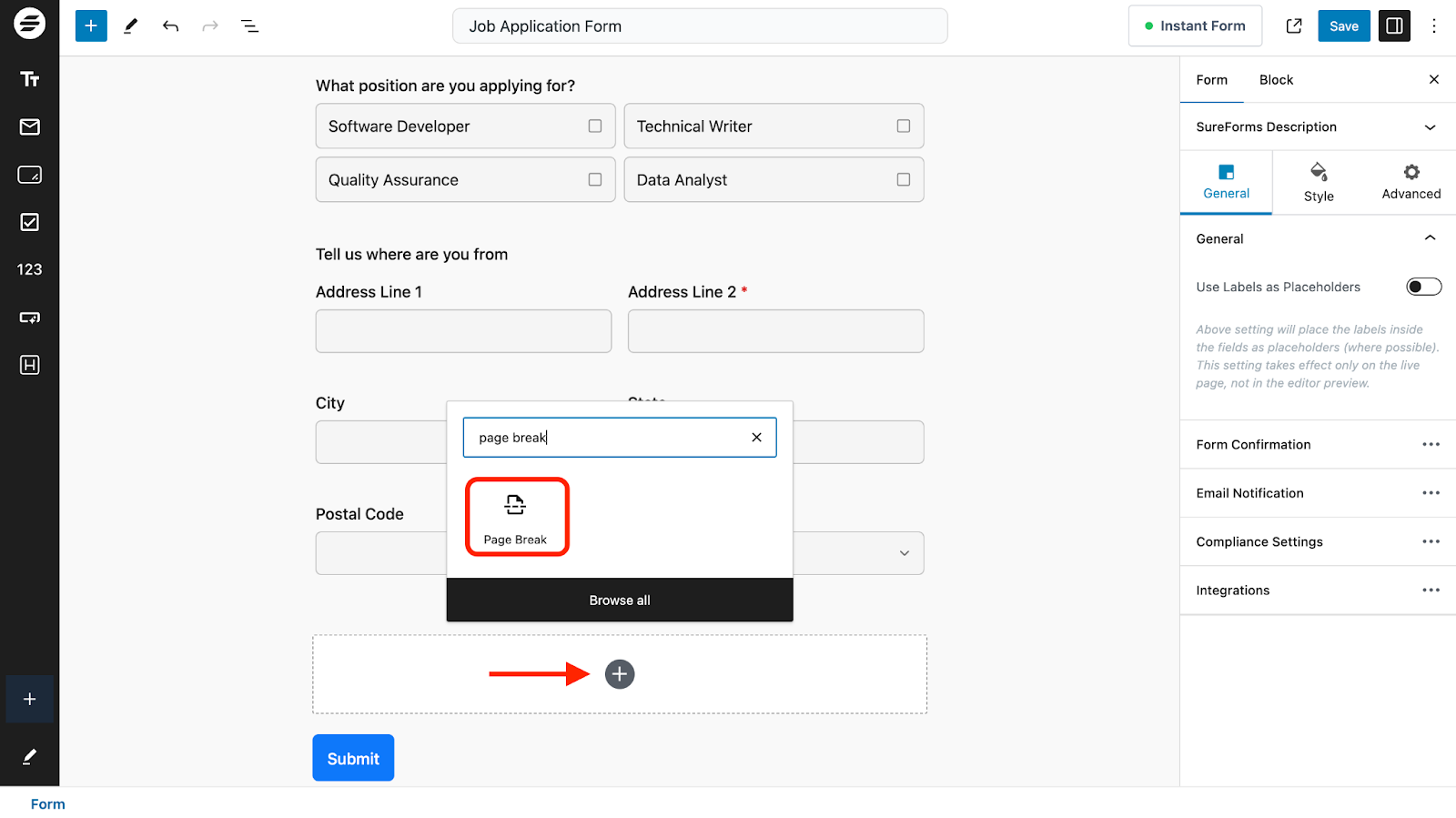 page break block in SureForms