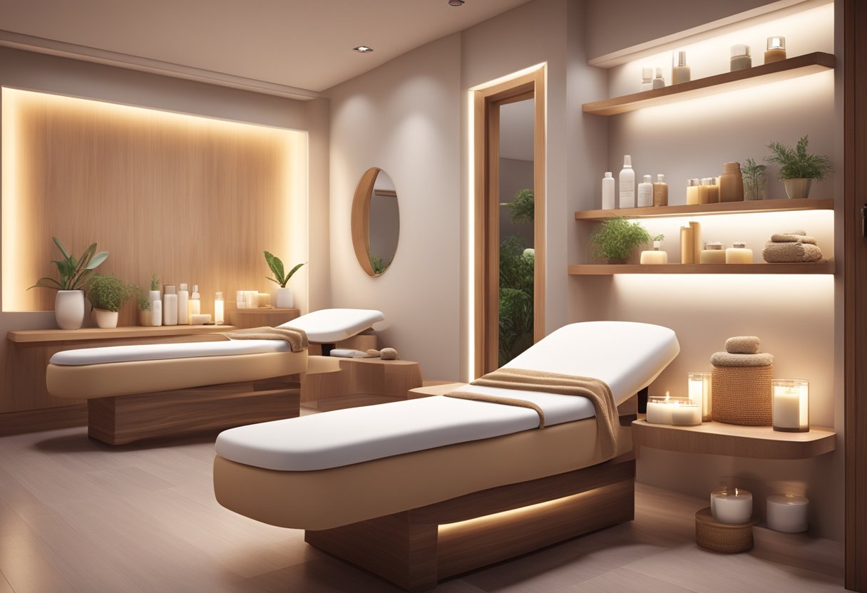 A serene spa room with a comfortable facial bed, soft lighting, and shelves stocked with skincare products