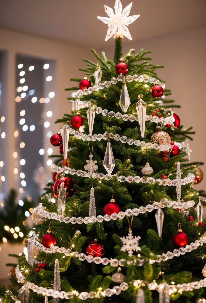 A Christmas tree adorned with sparkling crystal icicles and various festive decorations