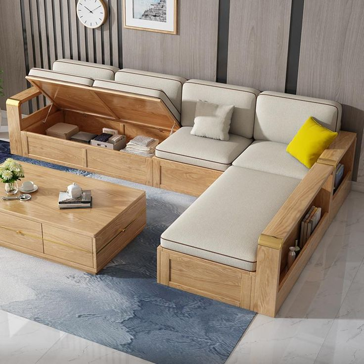 Teak Wood Sofa with Integrated Storage