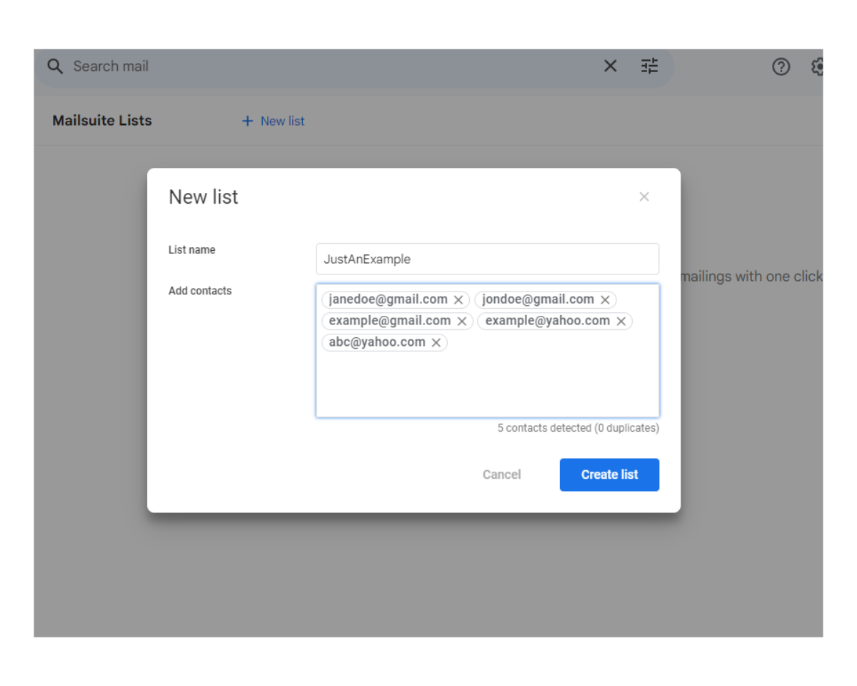How to create email groups in Gmail with Mailsuite: In the New List window, enter a name for your list and the contacts to be added