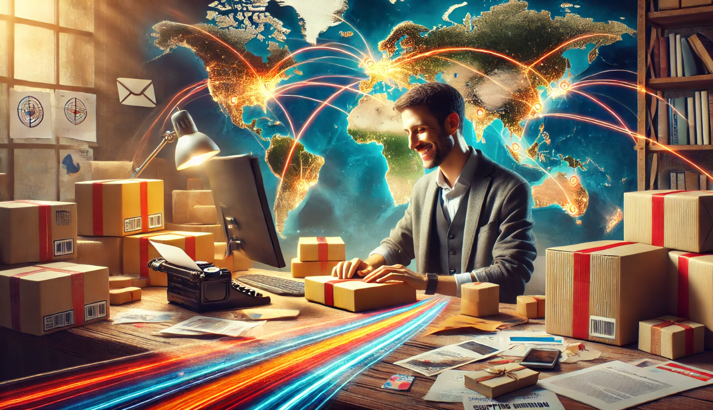 A smiling man working at his desk surrounded by packages, symbolizing book distribution. Behind him, a glowing world map with interconnected lines represents global shipping and international book sales.