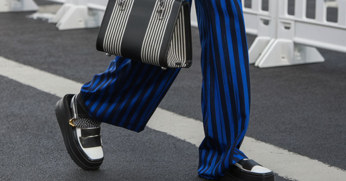 A woman in blue and black striped pants, carrying a striped bag, showcases her style at a Fashion Show.