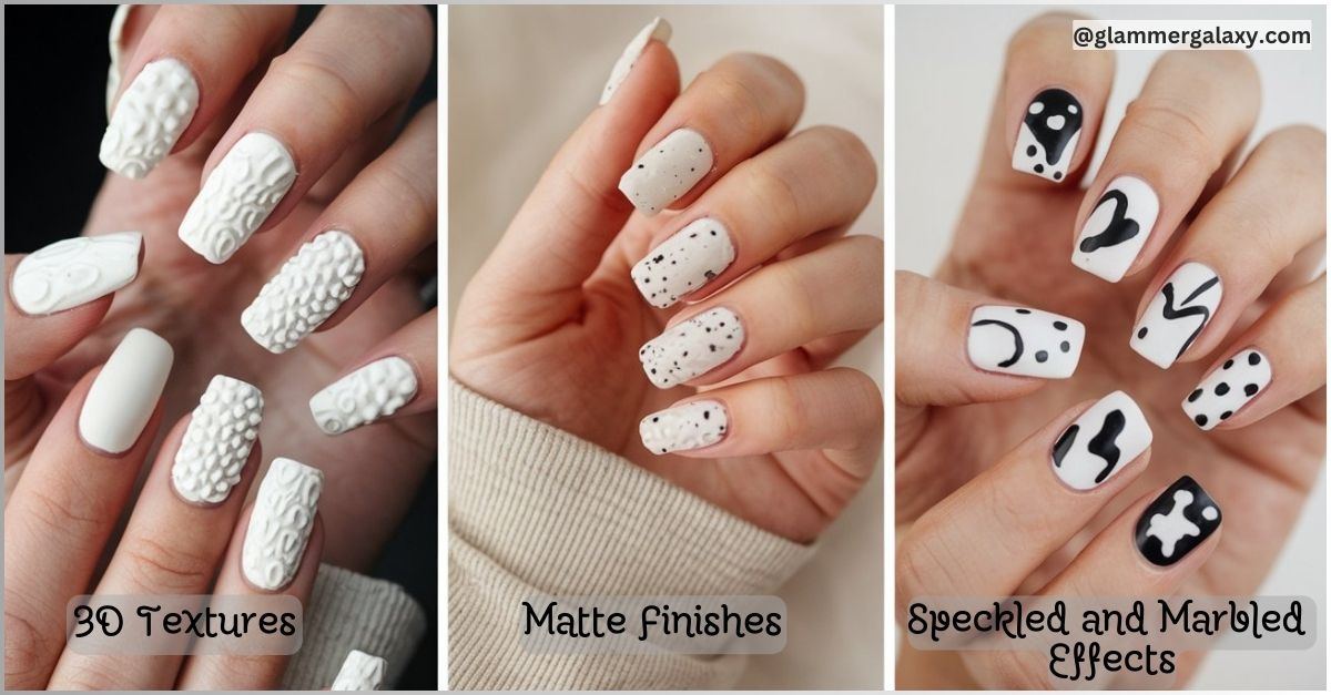 Three images showcasing different nail art designs: 3D textures, matte finishes, and speckled and marbled effects.