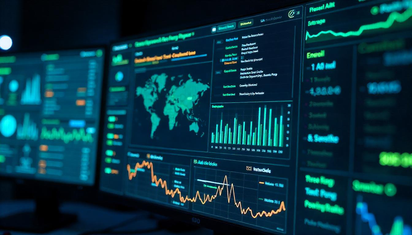 The intricate, data-driven cybersecurity interface displayed across multiple screens exemplifies the "always on cybersecurity protection" that safeguards an organization's digital assets, providing comprehensive visibility and rapid response capabilities to mitigate emerging threats around the clock.