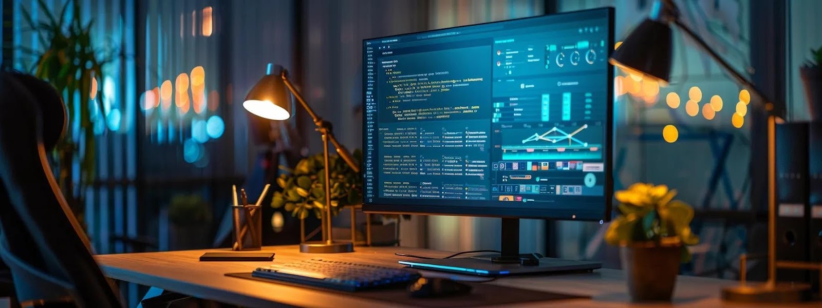 a sleek, modern office workspace features a high-resolution monitor displaying a user-centric website design with intuitive navigation and vibrant interactive elements, illuminated by soft, ambient lighting that highlights the brand's color scheme.