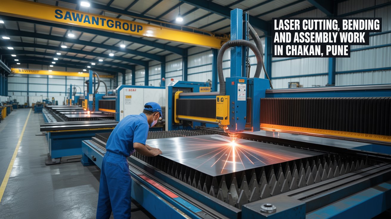 Industrial laser cutting setup with technician handling sheet metal in a Chakan, Pune facility