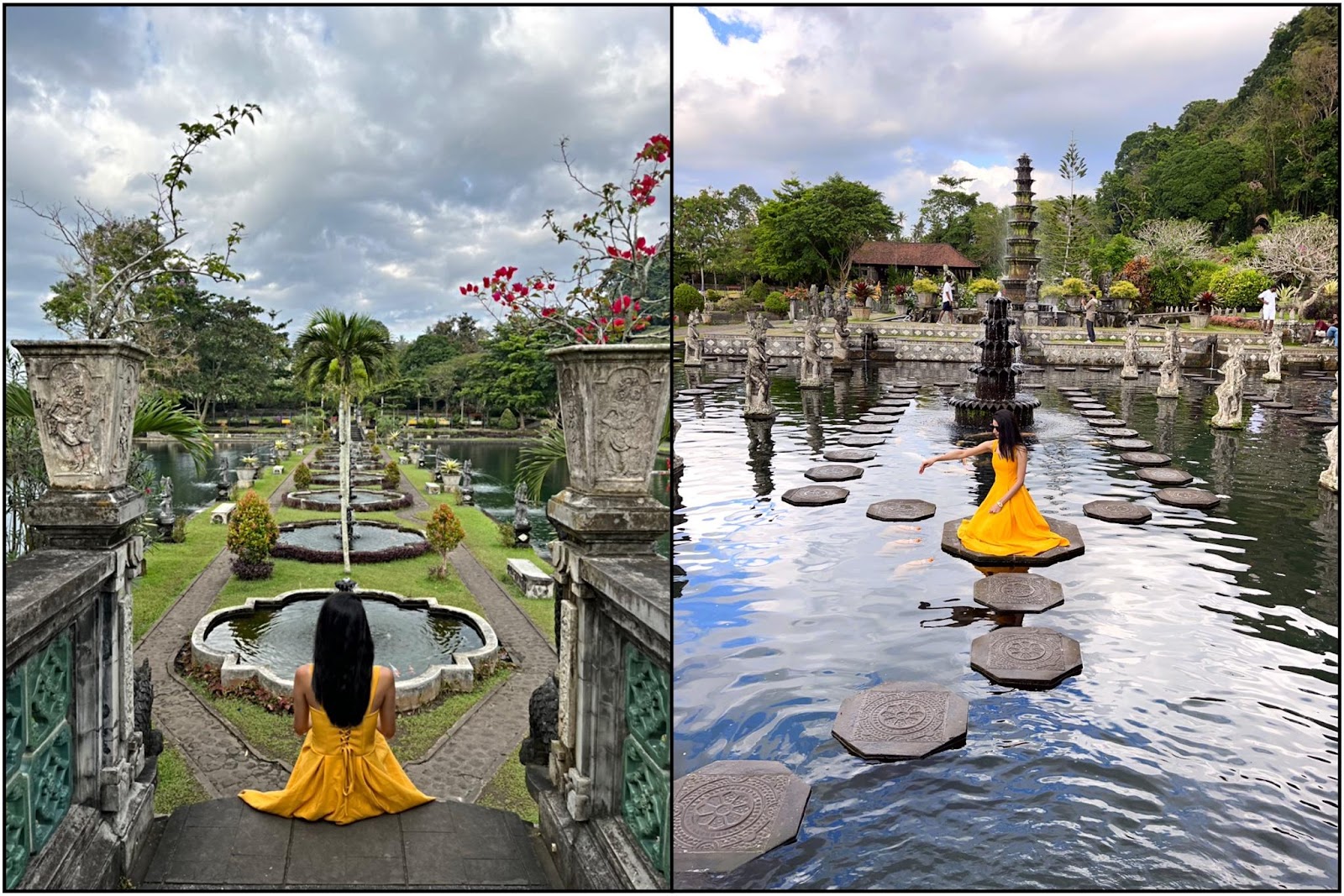 a girl feeding the koi fish in a water palace