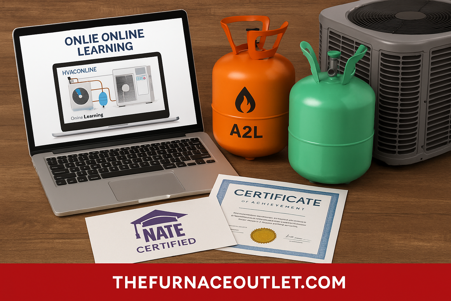 Screenshot of online HVAC training platform with A2L course listings and webinar icons.