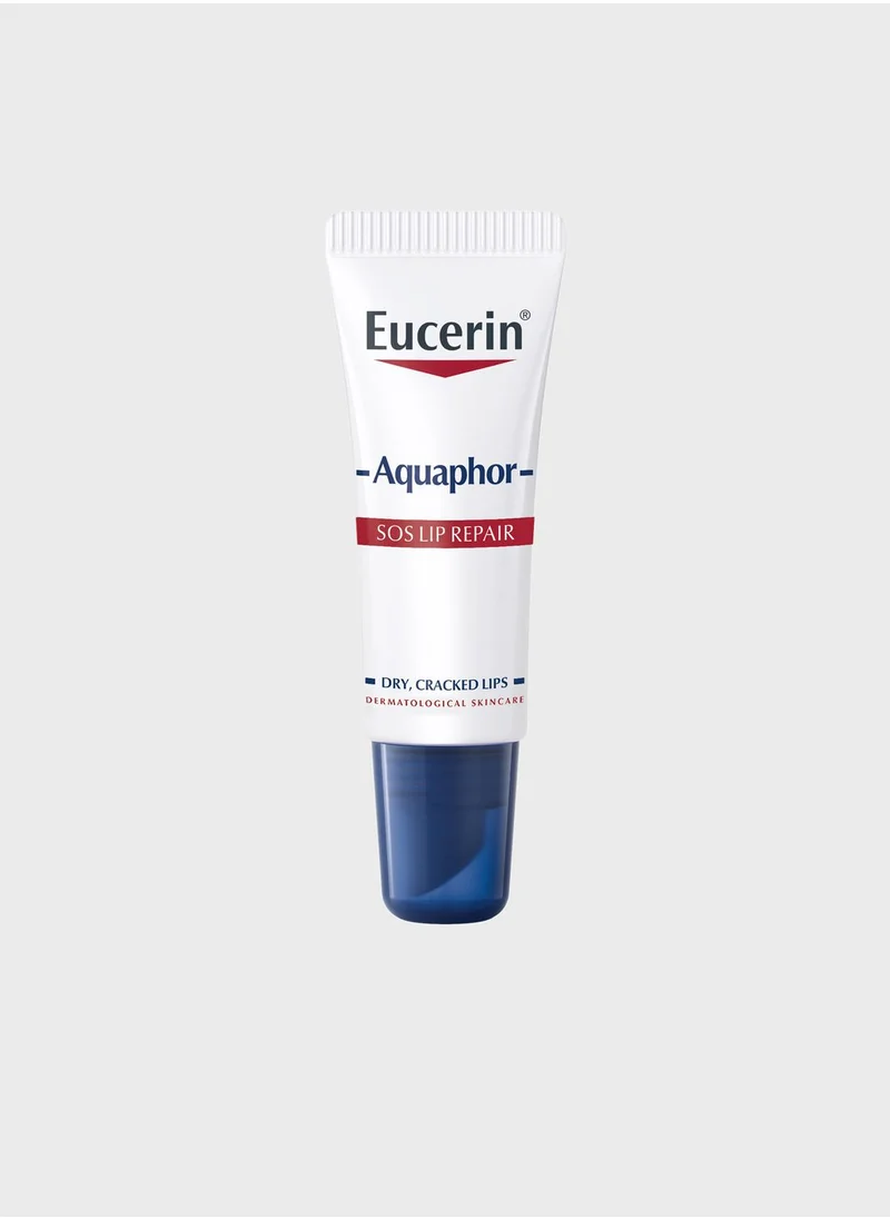 Small white and blue tube of Eucerin Aquaphor SOS Lip Repair for cracked, dry lips.