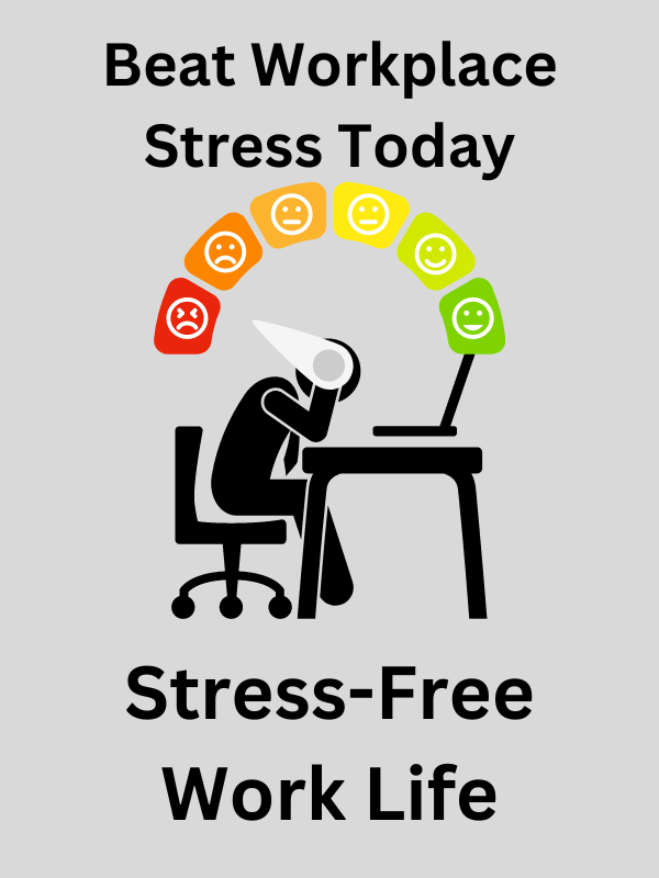 Infographic promoting stress-free work life with stressed worker at desk and emotional spectrum icons