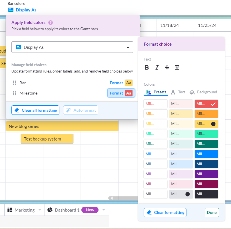 User has Format Choice menu open and is selecting a color to use for Milestones in Visor.