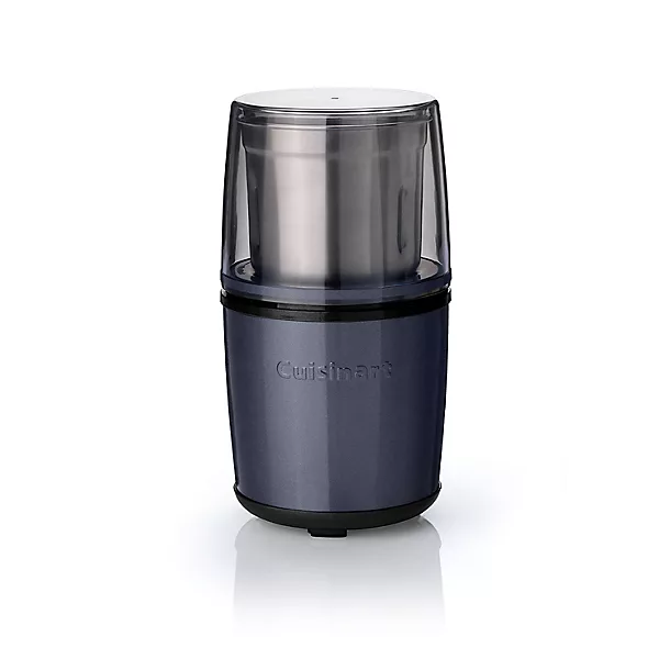 A sleek Cuisinart electric spice and nut grinder with a stainless steel grinding bowl and transparent lid.
