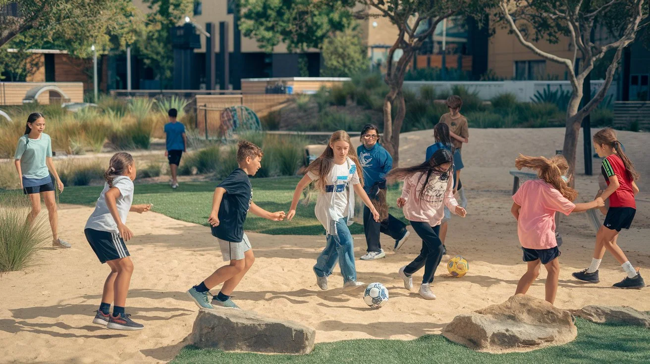 Kids and teens playing and exploring in a park, with a focus on outdoor games and activities that promote nature therapy.