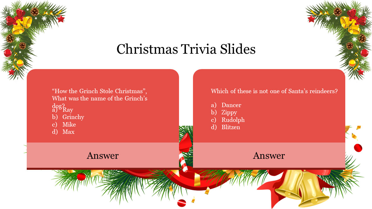 Christmas trivia slide with festive decorations, two red question boxes featuring holiday-themed quizzes and answer sections below.