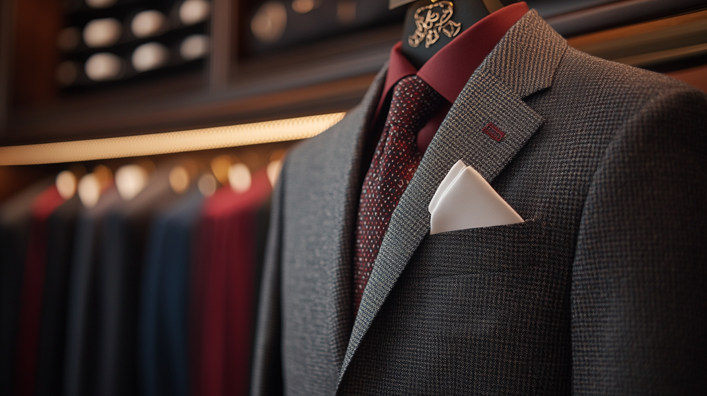 A sharp fold of a white pocket square displayed in front of a wardrobe full of black suits and red shirts hanging, showcasing a classic, sophisticated design.