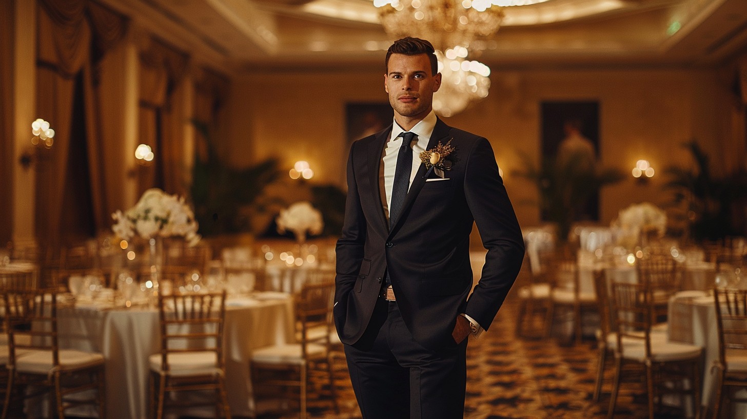 A well-dressed man attending an evening wedding at an upscale indoor venue, wearing a tailored dark navy suit, white dress shirt, matching tie, and black dress shoes, standing confidently in a ballroom with soft lighting and elegant decor
