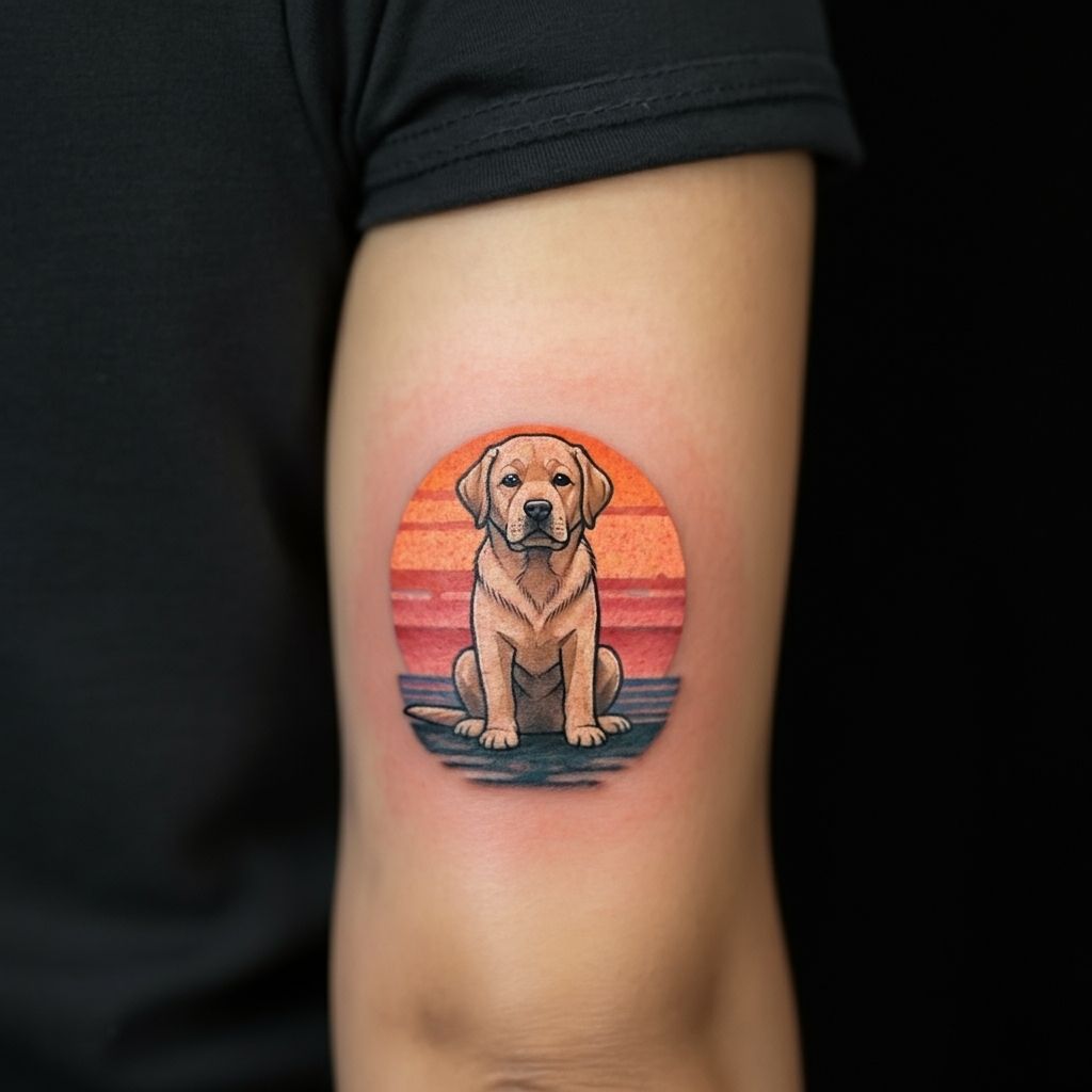  Labrador sitting with a sunset background