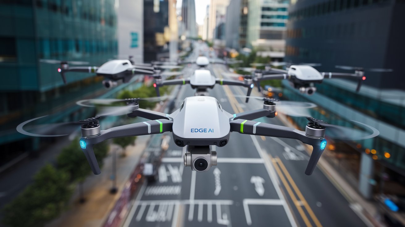 Autonomous drones using Edge AI to navigate and make real-time decisions in a city environment.