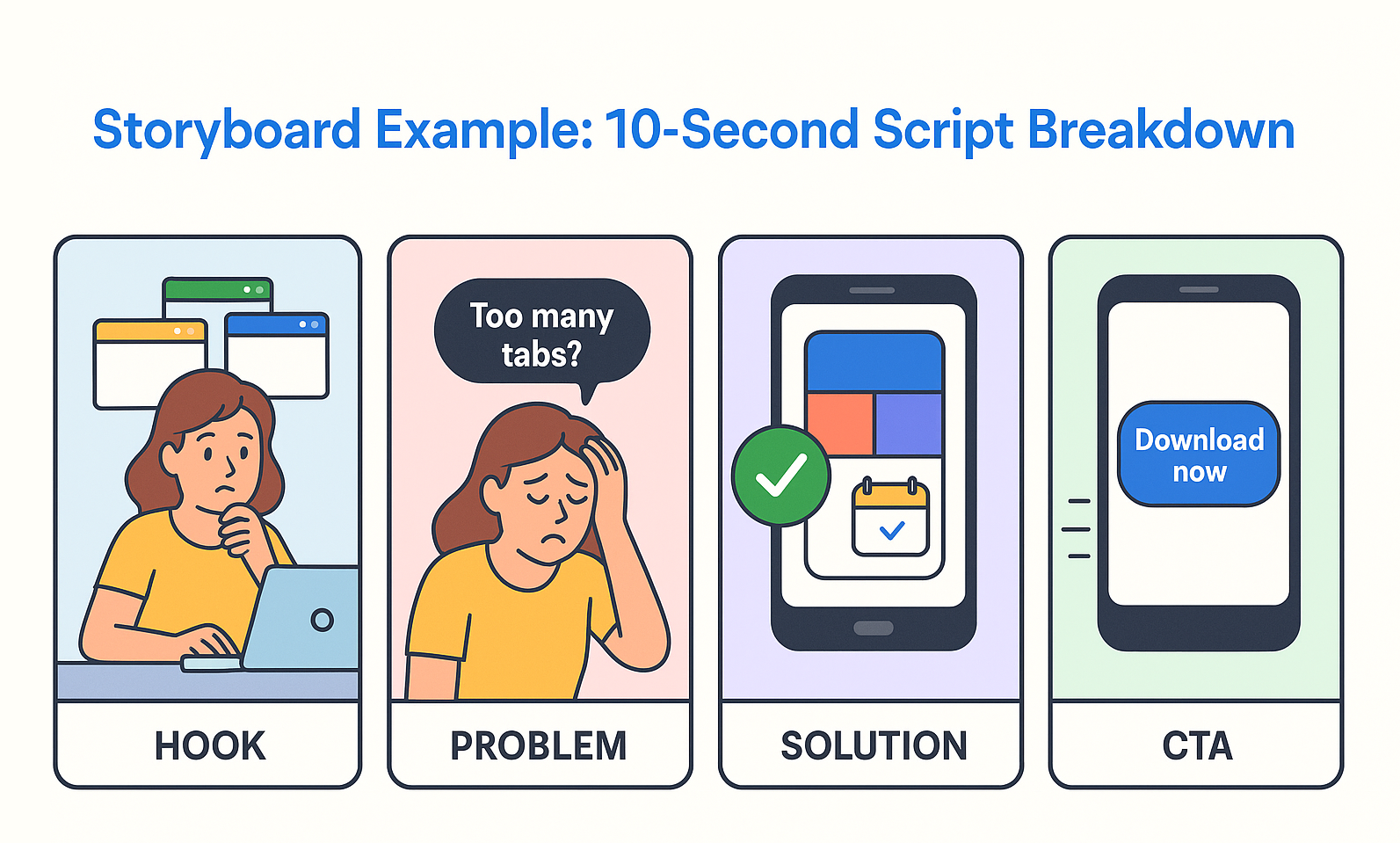 Four-panel storyboard showing a short-form video ad: Hook (tabs open), Problem (frustrated user), Solution (app on phone), CTA (Download now button)