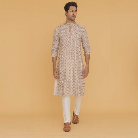 Beige Printed Kurta Pajama