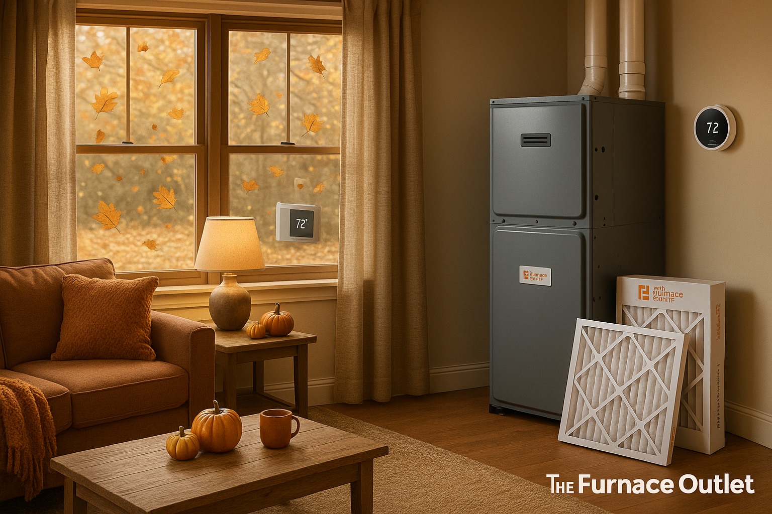 A high-efficiency furnace installed in a cozy autumn-themed living room with falling leaves visible outside, a warm-toned sofa and decor, smart thermostats on the wall, and branded furnace filters on the floor, representing The Furnace Outlet.