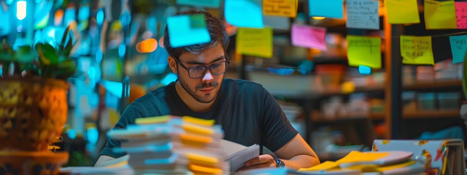 a business owner carefully reading through a stack of negative google reviews, surrounded by colorful sticky notes highlighting common themes for improvement.