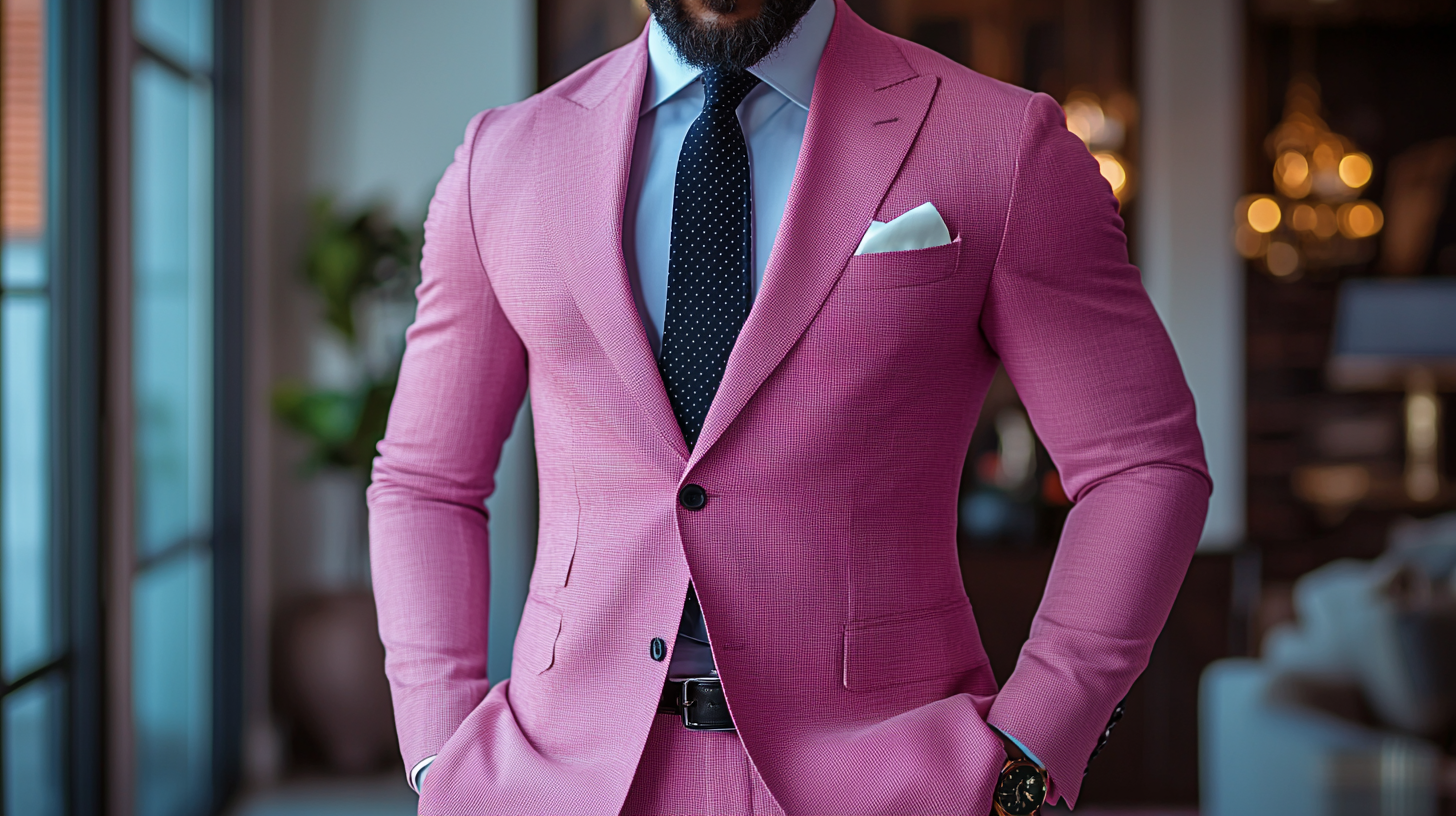 A man wearing a well-tailored pink suit, complemented by classic accessories. The look features a solid black, navy, or white tie, paired with a clean, crisp pocket square in white or pastel pink. A black or brown leather belt is worn with the suit, adding a polished touch without distracting from the vibrant pink color. The setting is an upscale indoor space, with soft lighting emphasizing the sophistication of the outfit. Photorealistic, with a focus on the fine details of the accessories and their harmonious integration with the suit.