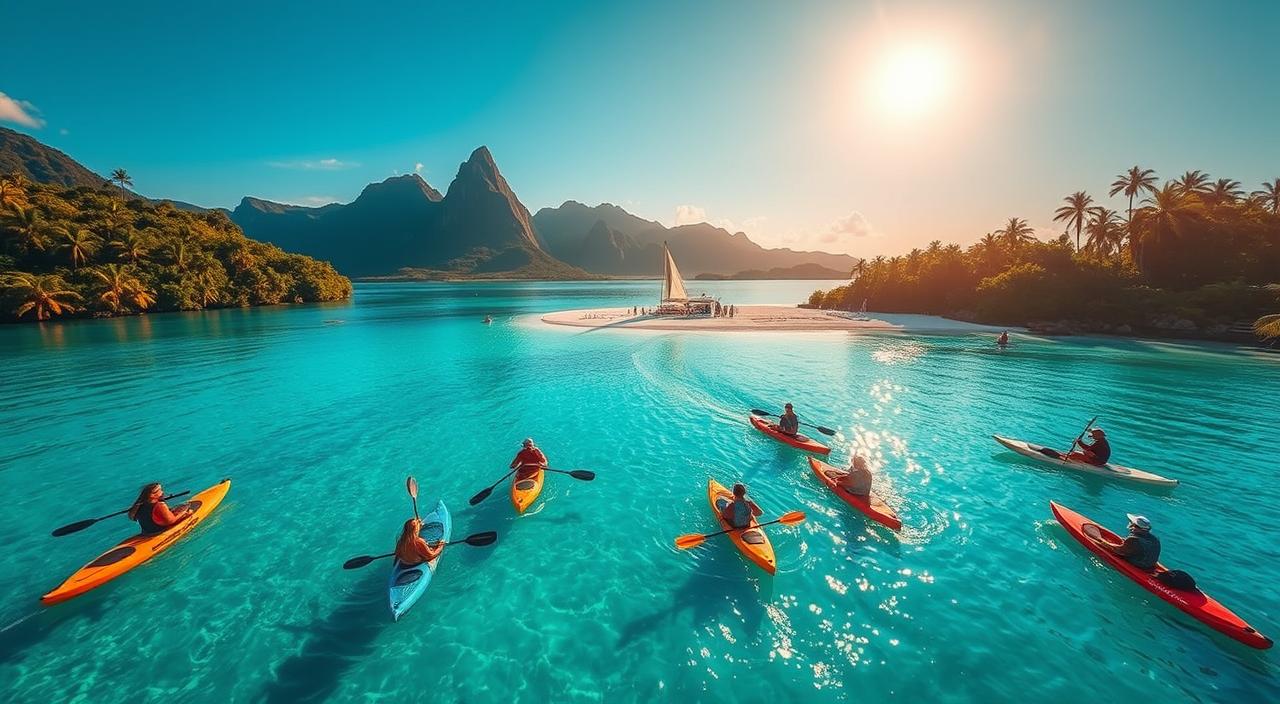 A stunning aerial view of crystal-clear turquoise waters, with lush tropical foliage and towering mountain peaks in the background. In the foreground, a group of adventure travelers kayaking and stand-up paddleboarding, immersed in the natural splendor. The scene is bathed in warm, golden-hour sunlight, casting a dreamy, cinematic glow. In the middle ground, a picturesque beach with white sand and swaying palm trees invites exploration. The &amp;amp;quot;Adventure Travel&amp;amp;quot; brand is prominently displayed on the kayaks and paddleboards, capturing the essence of this vibrant water-based adventure destination.
