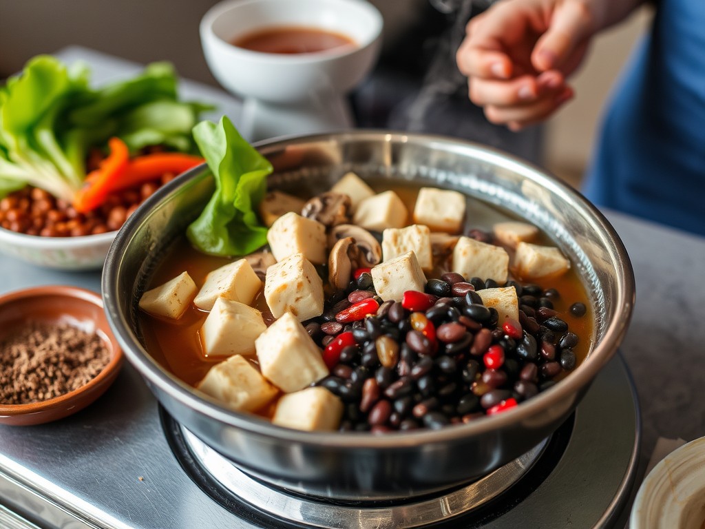 A steaming dish of fermented tofu served with hot sauce, surrounded by fresh chili and herbs, emphasizing its bold aroma and rich, spicy flavor.