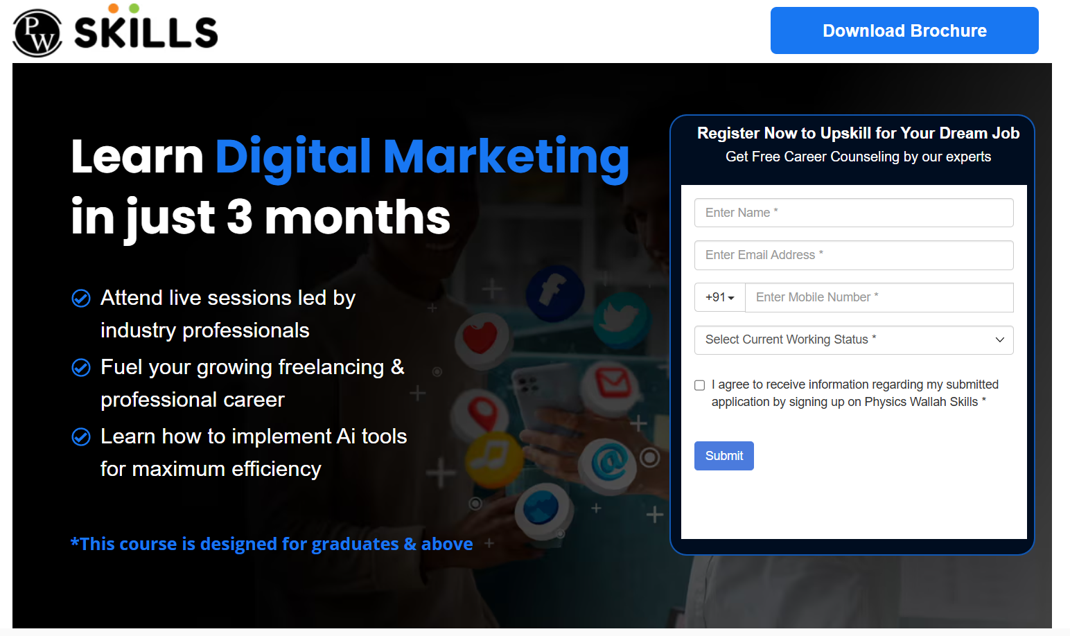 Screenshot of Physics Wallah Skills' PPC landing page for their digital marketing course